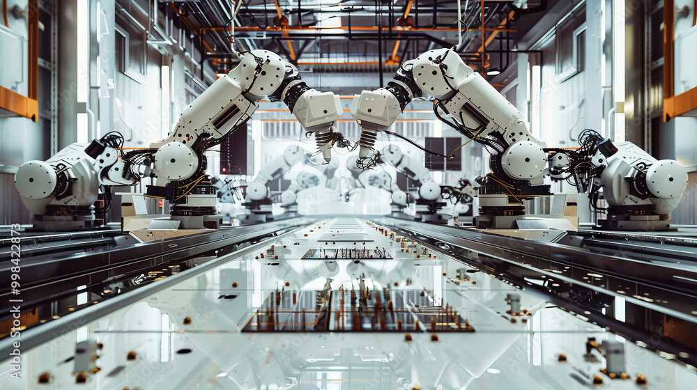 Poster a high-tech factory with robotic arms working on circuit boards