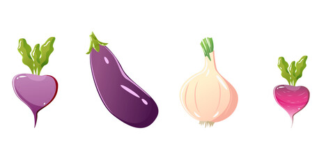 collection of purple vegetables. Set of fresh delicious vegetarian veggies on white background. cooking ingredients, healthy food. Bundle flat isolated vector illustrations.