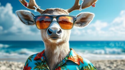 This funny illustration of a reindeer wearing sunglasses and a Hawaiian shirt in a beachy atmosphere is perfect for use on holiday posters that can bring fun and laughter to people on any occasion.