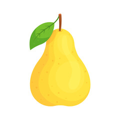 Yellow pear with green leaf isolated on transparent background. Fruit icon for farm market. Vector illustration in flat style.