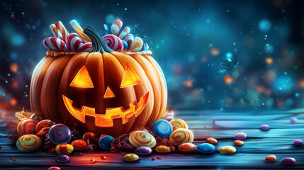 festive Halloween scene featuring carved pumpkin basket overflowing with colorful candies and sweets, creating joyful and spooky atmosphere