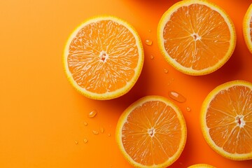 Fototapeta premium Slices of fresh oranges with visible water drops placed on a vibrant orange background, emphasizing their juiciness and appeal.