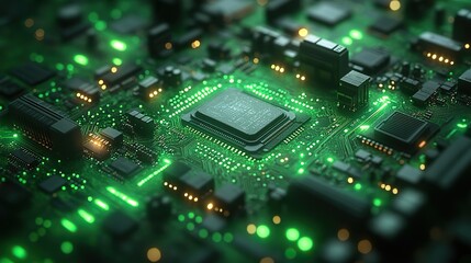 Obraz premium Abstract green technology background with a futuristic digital motherboard texture and neon lighting showcases modern tech design.