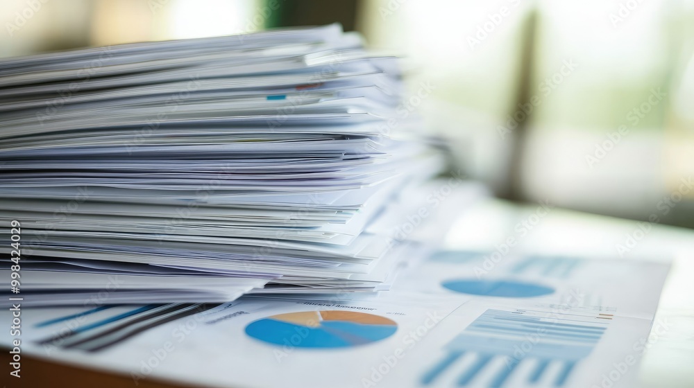 Poster a stack of financial reports and pie charts spread across a desk for analysis and decision-making.
