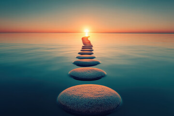 Obraz premium Stones on Water Leading to Sunrise