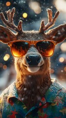 Naklejka premium This funny illustration of a reindeer wearing sunglasses and a Hawaiian shirt in a beachy atmosphere is perfect for use on holiday posters that can bring fun and laughter to people on any occasion.