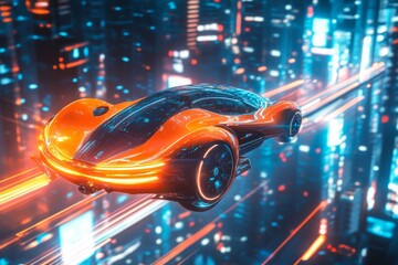 Futuristic flying car in a vibrant city. Bright orange and sleek design create a modern look. The technology feels alive and advanced. Generative AI.