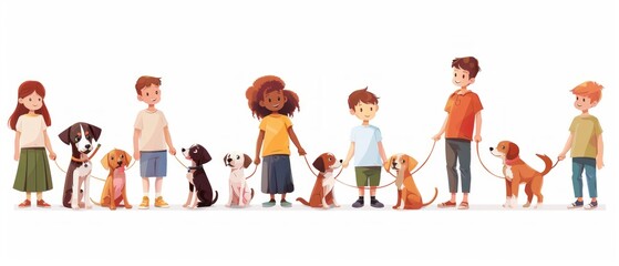 Fototapeta premium Image shows 11 diverse children holding leashes connected to various dogs, reflecting unity and diversity. Dogs appear calm, emphasizing a peaceful bond.