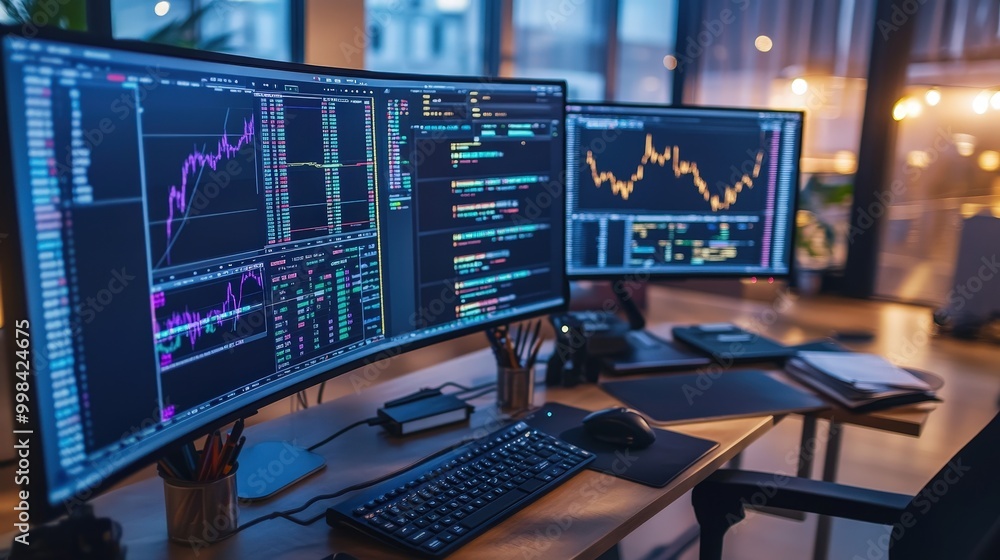 Poster visualize a financial workspace with multiple monitors showing different financial markets