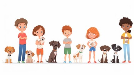 A cartoon shows seven diverse kids with pets against a green backdrop, each unique in features and posing, conveying joy and inclusivity.