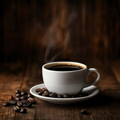 Fototapeta premium A steaming cup of black coffee on a white saucer, set against a dark wooden background with scattered coffee beans around