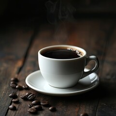 Fototapeta premium A steaming cup of black coffee on a white saucer, set against a dark wooden background with scattered coffee beans around