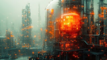 Fototapeta premium AI generative art captures a futuristic factory, blending abstract geometric designs with industrial technology.
