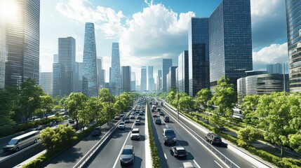 Visualize a future where smart cities utilize data to improve urban living. Show smart traffic management, efficient waste management, and energy-saving technologies.