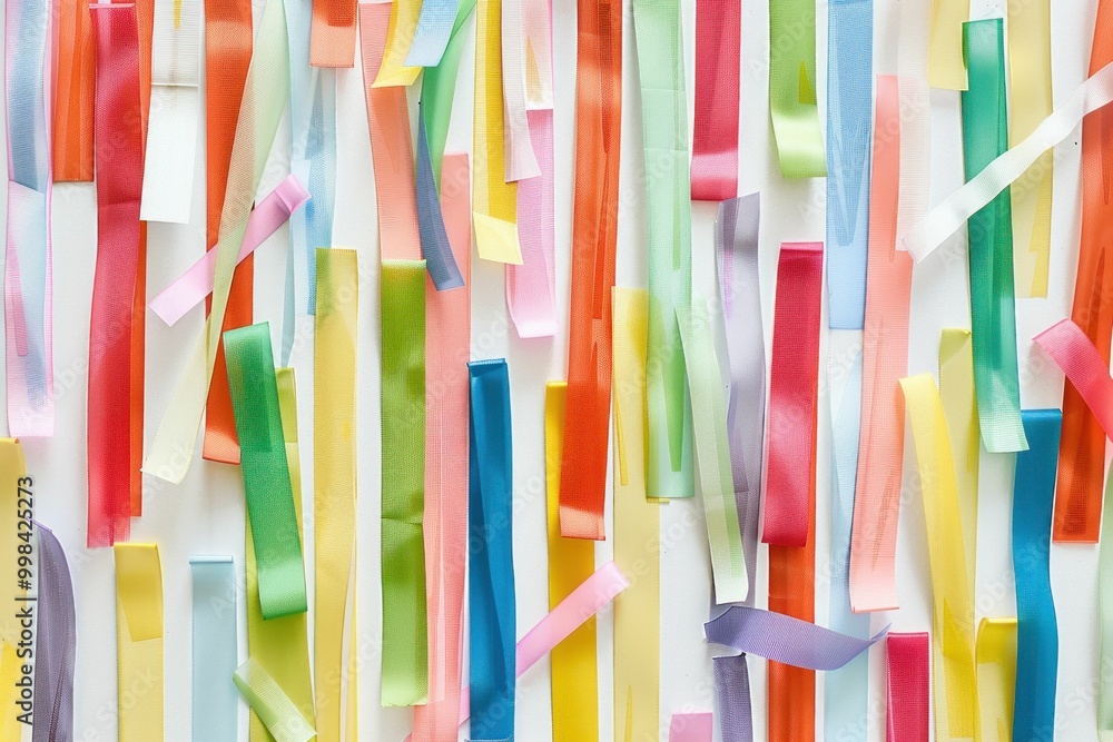 Poster colorful ribbons arranged in a random pattern on a white background, creating a vibrant and dynamic 