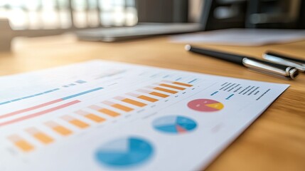 A stylized business report with charts, pie graphs, and numbers laid out on a polished wooden desk.