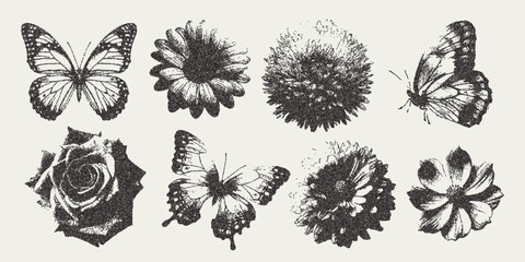Vector flower and butterfly trendy retro photocopy effect. Modern stipple dots texture for design art. y2k vintage collage set.