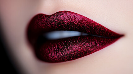 Fototapeta premium Luscious red lips adorned with shimmering lipstick create striking and glamorous look, perfect for any beauty enthusiast. rich color and texture enhance overall allure