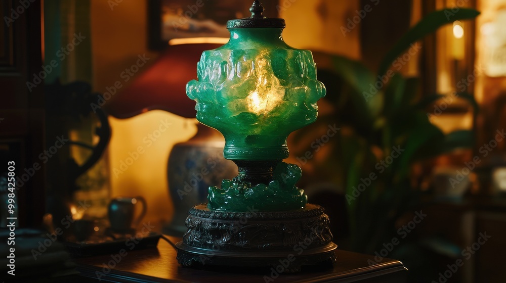 Poster visualize a green jade lamp with an intricately carved base.