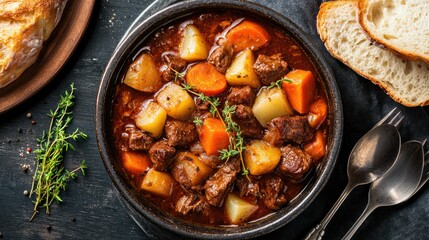 A top view of a bowl of hearty beef stew with carrots, potatoes, and herbs, served with a side of crusty bread.