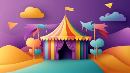 Fototapeta premium abstract paper cut background carnival festival, 2D flat design carnival tent entrance.