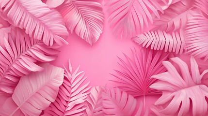 A monochrome collection of tropical leaves in different shades of pink, set against a pink background