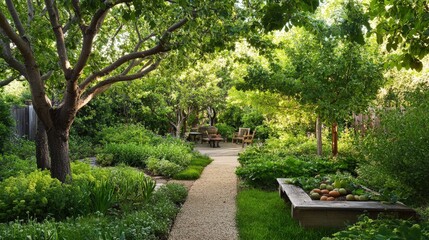Visualize a lush fruit garden with an abundance of nut trees.