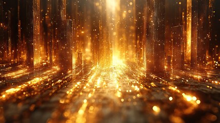 An abstract 3D background with gold structures represents a futuristic concept of ancient civilization remains.