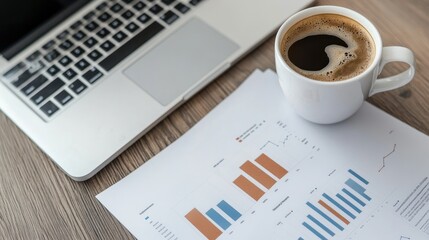 A top-down view of a desk with business charts, a laptop, and a coffee cup placed neatly in a bright office.