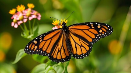 Naklejka premium Monarch Butterfly Resting on Colorful Flowers in a Lush Garden