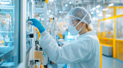 A focused laboratory technician in white lab coat and protective gear operates machinery in modern facility, ensuring precision and safety in their work