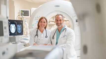 Healthcare professionals smile in modern medical facility, showcasing teamwork and compassion. Their dedication to patient care is evident in this advanced imaging environment