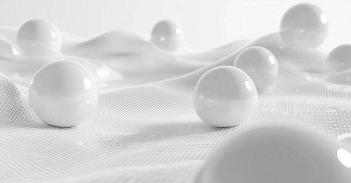 abstract scene featuring glossy white spheres scattered across soft, textured white surface. composition evokes sense of calm and minimalism, perfect for modern design