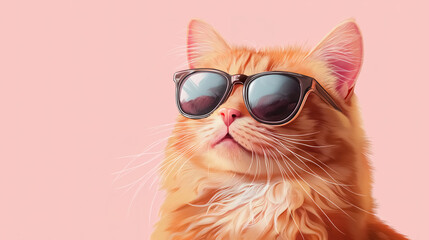 A close-up portrait of a funny cat wearing stylish sunglasses, isolated on a light pink background