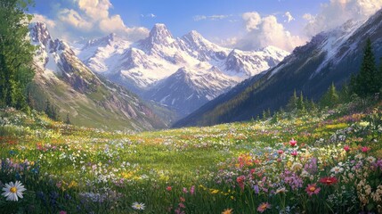 A tranquil mountain meadow with wildflowers in full bloom, framed by towering snow-capped peaks.