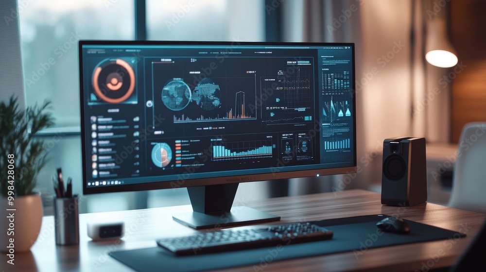 Poster visualize a modern computer with a clean, minimalist design