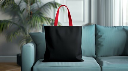 Black tote bag mockup with red straps on modern couch, ai generated