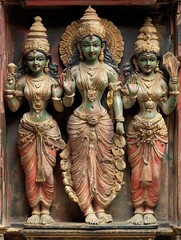 Fototapeta premium Three Hindu Goddesses Carved in Stone, Colorful and Ornate.