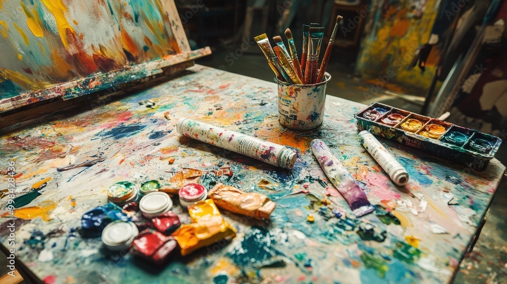 Aufkleber visualize a workspace with tubes of paint scattered across a table.