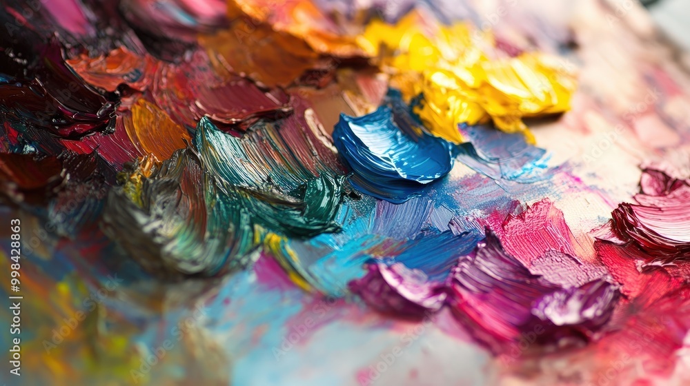 Poster visualize a palette with splashes of paint in various stages of blending
