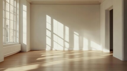 Fototapeta premium minimalist interior empty room with interesting play of natural light and shadows wooden floor clean white walls