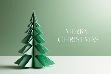 "Merry Christmas" text and Origami Christmas tree isolated on soft green background. New Year and Christmas concept. AI generated