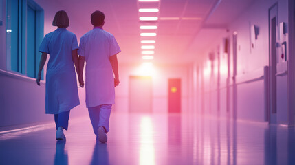 Healthcare professionals walk hand in hand down brightly lit hospital corridor, symbolizing teamwork and support in serene environment. soft glow of lights creates calming atmosphere