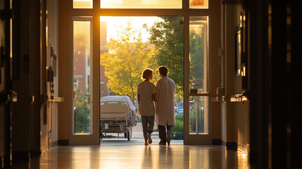 Walking hand in hand, two healthcare professionals exit hospital at sunset, symbolizing hope and compassion in their vital work. warm light enhances emotional connection