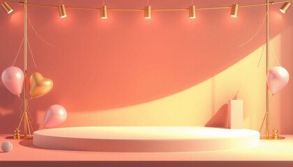 Pink and Gold Podium with Balloons and Lights.