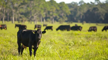 Peaceful Pasture Filled With Grazing Cattle In Tranquil Countryside Landscape