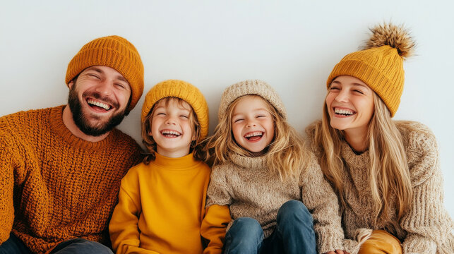 Happy family wearing matching winter hats and sweaters, enjoying joyful moment together. Their smiles radiate warmth and love, creating cozy atmosphere