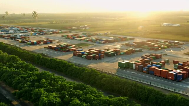 view drones flying truck parking lots Southeast Asicapturing intricate layout transportation hubs containers import export industry business commercial berth bunk container fifth wheel