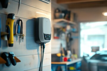 A wall-mounted device in a workshop setting, likely for charging or monitoring.
