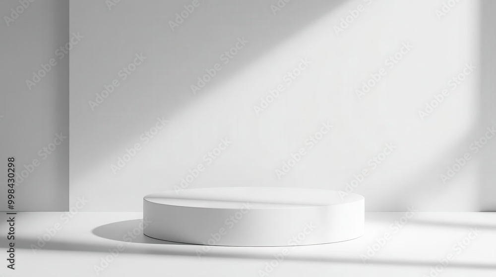 Poster minimalist product presentation scene with a clean white podium against a stark white background sub